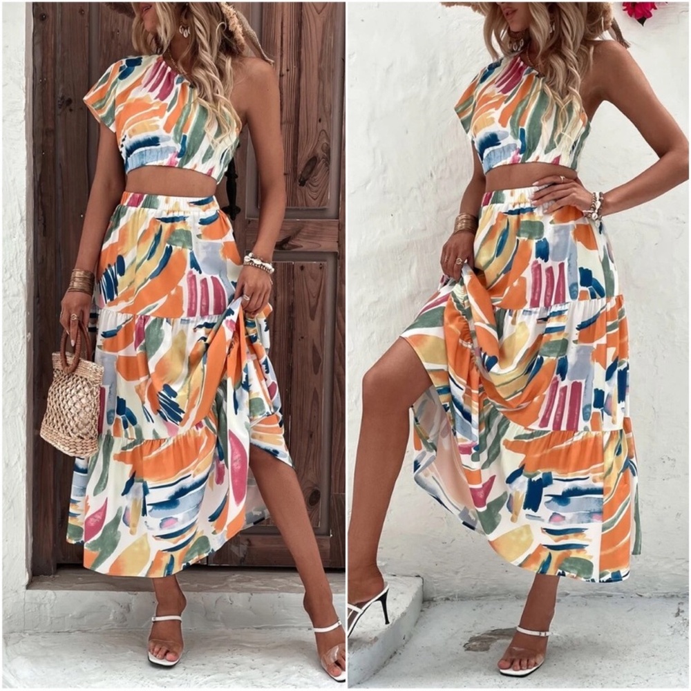 Boho Brush Strokes One Shoulder Top Maxi Skirt XS S M L XL XXL